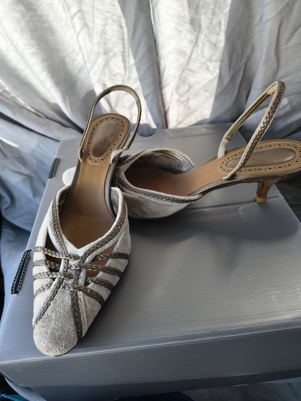 RARE BOTTEGA VENETA Women’s Silk Mohair Bronze Leather Slingback Heels 41